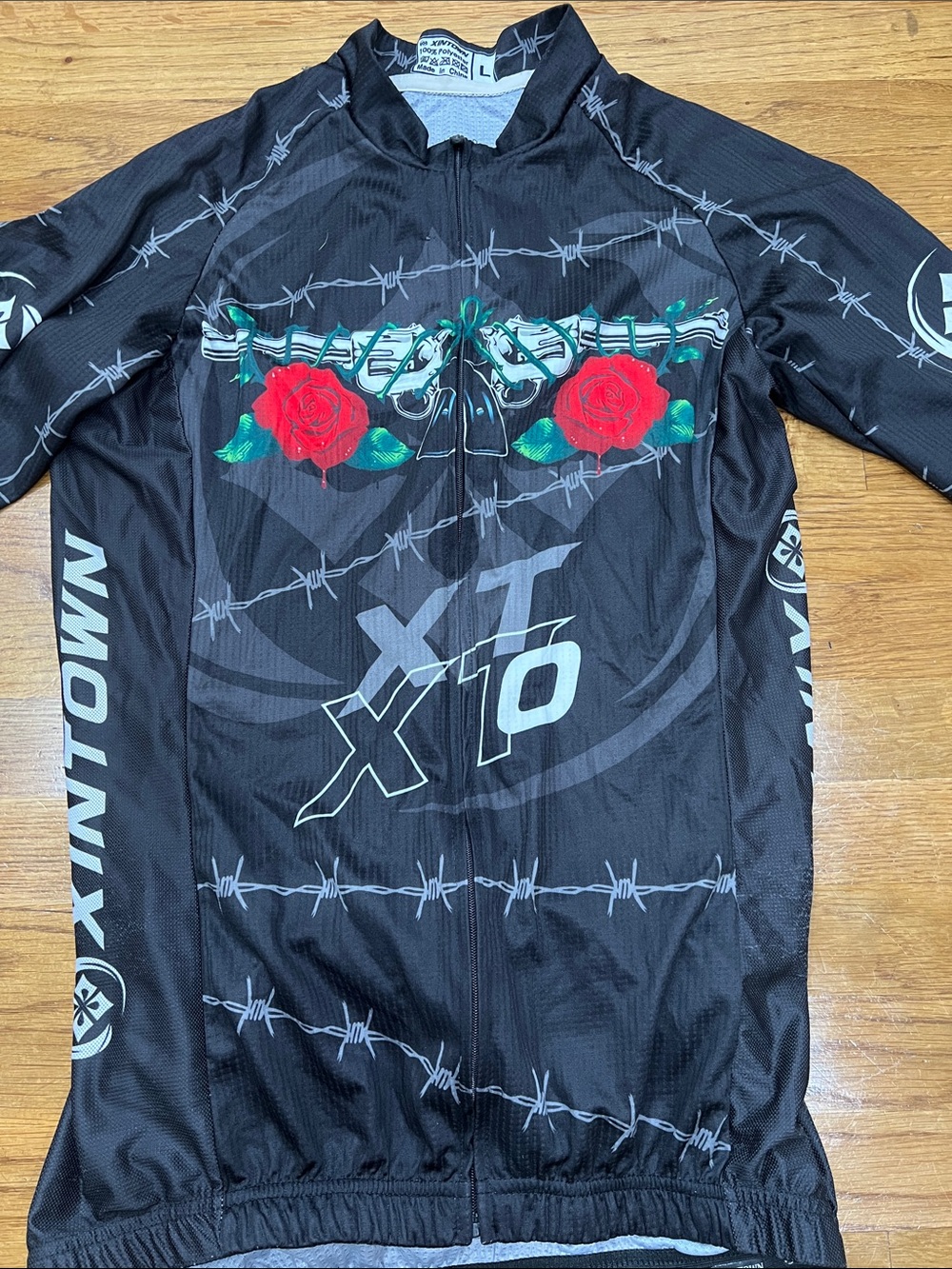 Black Cycling Jersey with Red Rose Graphic